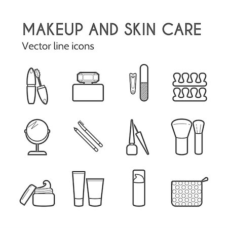 Makeup skin care simple line icons. Mascara, lipstick, powder, eye shadow, perfume, cream, foundation, eyeliner, mirror, hair comb and other make-up items. Makeup thin linear signs for manicure, pedicure and Visage. Stock Photo - Budget Royalty-Free & Subscription, Code: 400-09050421