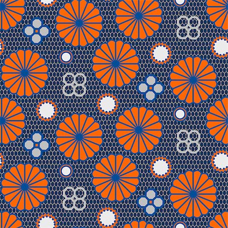 Japanese floral vector seamless pattern in blue and orange mesh color style. Japan inspired blossom garden texture design. Fotografie stock - Microstock e Abbonamento, Codice: 400-09050440