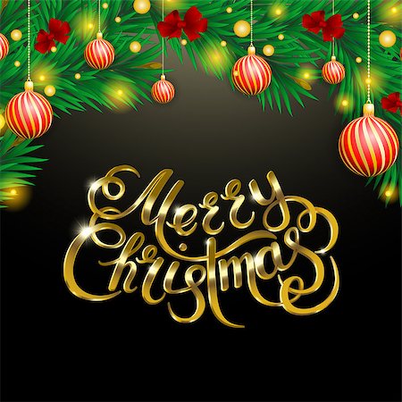 Golden text on black background. Merry Christmas and Happy New Year lettering for invitation and greeting card, prints and posters. Hand drawn inscription, calligraphic design. Vector illustration Stock Photo - Budget Royalty-Free & Subscription, Code: 400-09050595