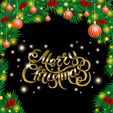 Golden text on black background. Merry Christmas and Happy New Year lettering for invitation and greeting card, prints and posters. Hand drawn inscription, calligraphic design. Vector illustration Stock Photo - Budget Royalty-Free & Subscription, Code: 400-09050596