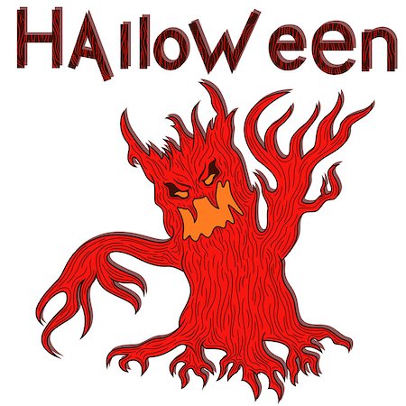 Halloween aggressive evil tree with branches as a hands, cartoon vector design elements in red and yellow colors Stock Photo - Budget Royalty-Free & Subscription, Code: 400-09050878