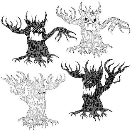 Halloween cartoon set of two pairs of aggressive evil trees in stencil and outline vector designs Stock Photo - Budget Royalty-Free & Subscription, Code: 400-09050879
