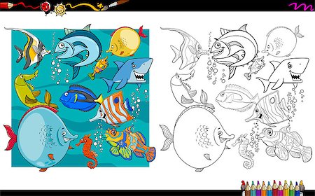 simsearch:400-09094945,k - Cartoon Illustration of Fish Animal Characters Group Coloring Book Activity Photographie de stock - Aubaine LD & Abonnement, Code: 400-09050923
