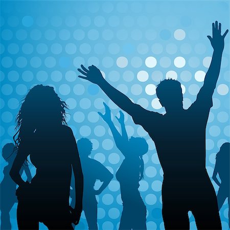 people dancing in night club with arms in air - Silhouetted Dancers Over Blue With Dots - Dance Party Background Illustration, Vector Stock Photo - Budget Royalty-Free & Subscription, Code: 400-09051015