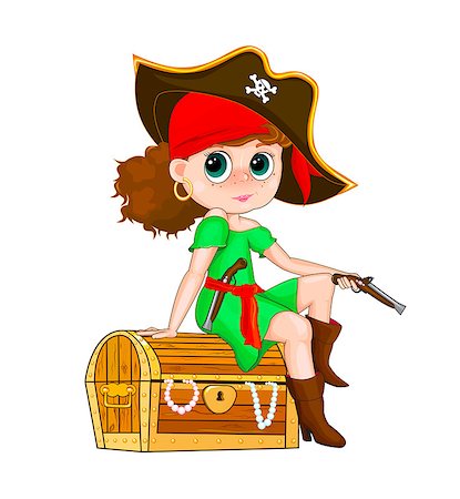 forziere - Girl in costume of a pirate sitting on a treasure chest. Fotografie stock - Microstock e Abbonamento, Codice: 400-09051070