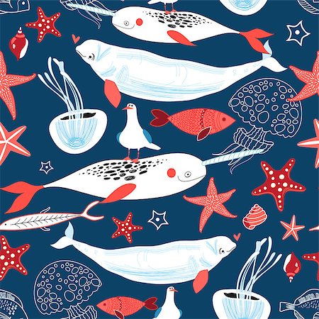 Graphic pattern sea whales and fish on a blue background Stock Photo - Budget Royalty-Free & Subscription, Code: 400-09051185