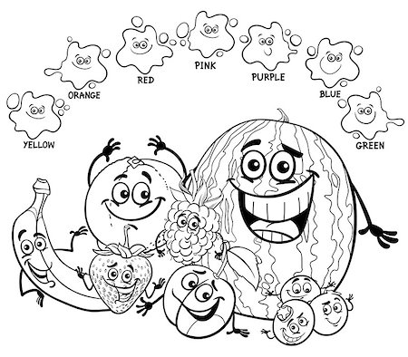 Black and White Cartoon Illustration of Primary Basic Colors Educational Page for Children with Fruits Food Characters Coloring Book Photographie de stock - Aubaine LD & Abonnement, Code: 400-09051283