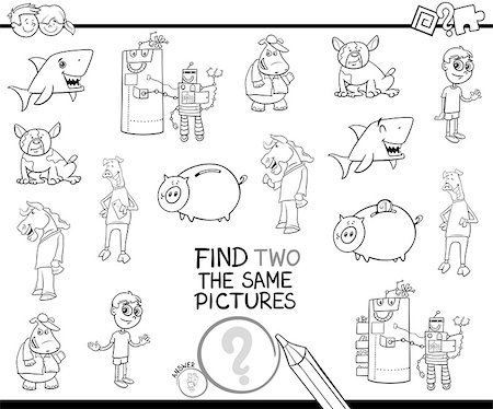 simsearch:400-08917554,k - Black and White Cartoon Illustration of Finding Two Identical Pictures Educational Activity Game for Children with Funny Characters Coloring Book Photographie de stock - Aubaine LD & Abonnement, Code: 400-09051297