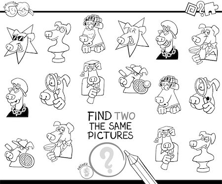 simsearch:400-08917554,k - Black and White Cartoon Illustration of Finding Two Identical Pictures Educational Activity Game for Children with Dog Characters Coloring Book Photographie de stock - Aubaine LD & Abonnement, Code: 400-09051299