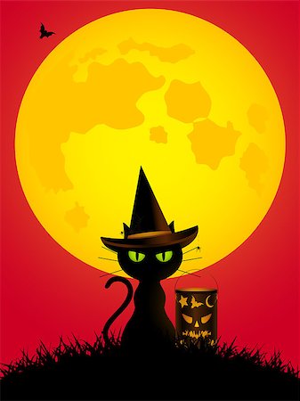 Halloween Background with Spooky Cat with Hat lantern and big Yellow Moon Over Red Photographie de stock - Aubaine LD & Abonnement, Code: 400-09051519
