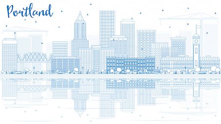 simsearch:400-08681071,k - Outline Portland Skyline with Blue Buildings and Reflections. Vector Illustration. Business Travel and Tourism Concept with Modern Architecture. Image for Presentation Banner Placard and Web Site. Stock Photo - Budget Royalty-Free & Subscription, Code: 400-09051589