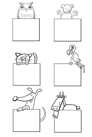 simsearch:400-09049299,k - Black and White Cartoon Illustration of Animals with White Greeting or Business Card Design Set Stock Photo - Budget Royalty-Free & Subscription, Code: 400-09051614