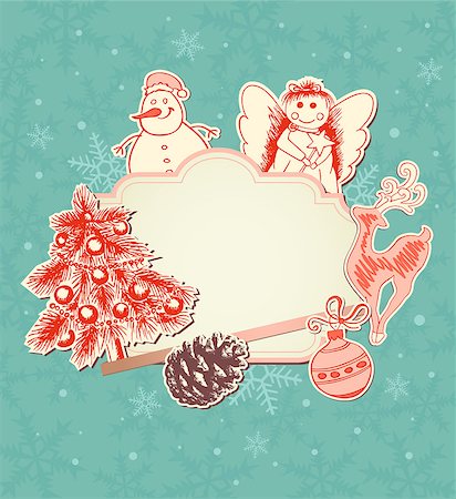 snowman snow angels - Vintage green Christmas background with paper decorations Stock Photo - Budget Royalty-Free & Subscription, Code: 400-09051688