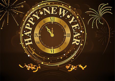 Happy New Year Greeting with Golden Wall Clock and Fireworks over Dark Brown Bokeh Background, Luxury Vector Illustration Stock Photo - Budget Royalty-Free & Subscription, Code: 400-09051757