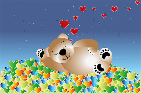 Sleeping teddy in bed of hearts under the sky with stars in dreams Stock Photo - Budget Royalty-Free & Subscription, Code: 400-09051854