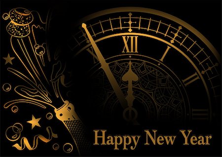 Golden Happy New Year Greeting with Face Clock and Champagne on Black Background - Illustration, Vector Stock Photo - Budget Royalty-Free & Subscription, Code: 400-09051882
