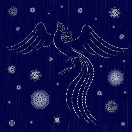 firebird - Beautiful graceful firebird on winter motif abstract seamless blue background with snowflakes, hand drawing vector illustration Stock Photo - Budget Royalty-Free & Subscription, Code: 400-09051898
