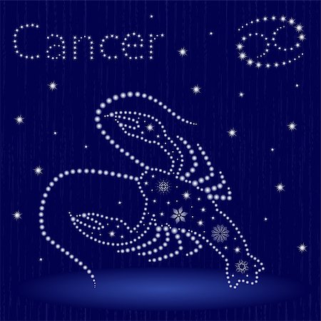 simsearch:400-09052492,k - Zodiac sign Cancer on a blue starry sky, hand drawn vector illustration in winter motif with stylized stars and snowflakes over seamless background Stock Photo - Budget Royalty-Free & Subscription, Code: 400-09051899