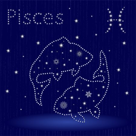 simsearch:400-09052492,k - Zodiac sign Pisces on a blue starry sky, hand drawn vector illustration in winter motif with stylized stars and snowflakes over seamless background Stock Photo - Budget Royalty-Free & Subscription, Code: 400-09051905