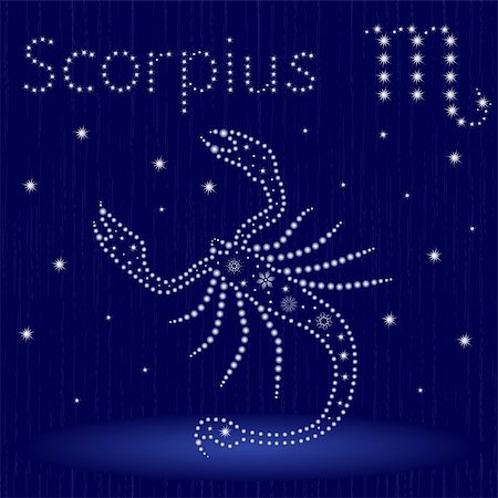 simsearch:400-09052492,k - Zodiac sign Scorpius on a blue starry sky, hand drawn vector illustration in winter motif with stylized stars and snowflakes over seamless background Stock Photo - Budget Royalty-Free & Subscription, Code: 400-09051907