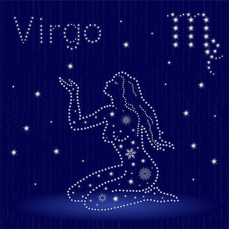 Zodiac sign Virgo on a blue starry sky, hand drawn vector illustration in winter motif with stylized stars and snowflakes over seamless background Stock Photo - Budget Royalty-Free & Subscription, Code: 400-09051909
