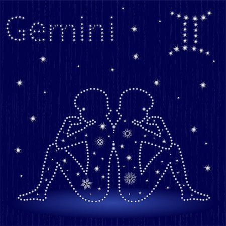 Zodiac sign Gemini on a blue starry sky, hand drawn vector illustration in winter motif with stylized stars and snowflakes over seamless background Foto de stock - Super Valor sin royalties y Suscripción, Código: 400-09051901