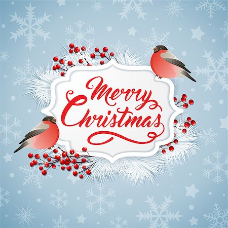 simsearch:400-08813741,k - Vector Christmas banner with two bullfinches and greeting inscription. Merry Christmas lettering Photographie de stock - Aubaine LD & Abonnement, Code: 400-09051923