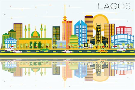 simsearch:400-09091979,k - Lagos Skyline with Color Buildings, Blue Sky and Reflections. Vector Illustration. Business Travel and Tourism Concept with Modern Buildings. Image for Presentation Banner Placard and Web Site. Stock Photo - Budget Royalty-Free & Subscription, Code: 400-09051949