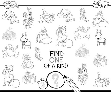 Black and White Cartoon Illustration of Find One of a Kind Educational Activity Game for Children with Santa and Christmas Characters Coloring Book Foto de stock - Super Valor sin royalties y Suscripción, Código: 400-09052149