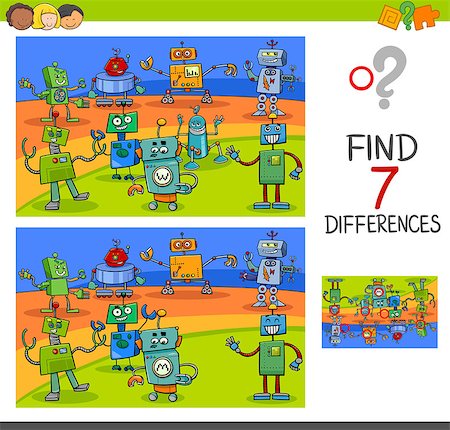 robot group - Cartoon Illustration of Finding Differences Between Pictures Educational Activity Game for Kids with Funny Robot Characters Group Stock Photo - Budget Royalty-Free & Subscription, Code: 400-09052140