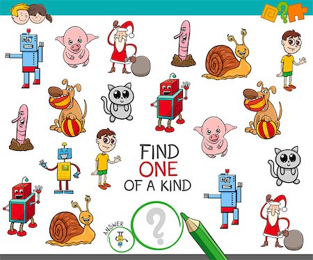 simsearch:400-09091850,k - Cartoon Illustration of Find One of a Kind Educational Activity Game for Children with Comic Characters Stock Photo - Budget Royalty-Free & Subscription, Code: 400-09052152