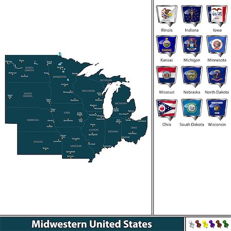 simsearch:400-08343837,k - Vector set of Midwestern United States with flags and map on white background Foto de stock - Super Valor sin royalties y Suscripción, Código: 400-09052181