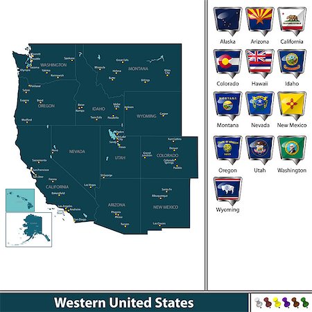 simsearch:400-08343837,k - Vector set of Western United States with flags and map on white background Foto de stock - Super Valor sin royalties y Suscripción, Código: 400-09052191