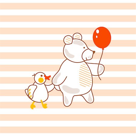 Cute bear and duck friends with balloon vector illustration for print. Funny kid animals on striped background for fabric textile and wallpaper design. Foto de stock - Super Valor sin royalties y Suscripción, Código: 400-09052279