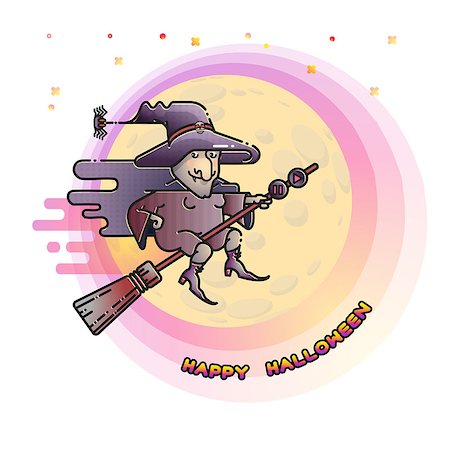 simsearch:400-09068519,k - Happy Halloween card with funny flying witch on a broom and Moon isolated on white background. Foto de stock - Royalty-Free Super Valor e Assinatura, Número: 400-09052344