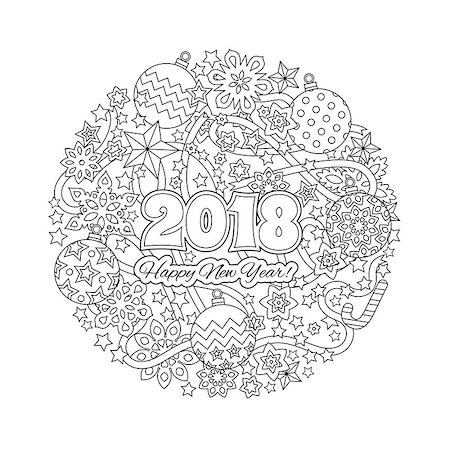 stress christmas - New year mandala with numbers 2018 on winter snowflake background. Zentangle inspired style. Zen monochrome graphic. Image for calendar, congratulation card, coloring book. Vector illustration Stock Photo - Budget Royalty-Free & Subscription, Code: 400-09052359