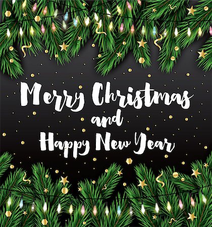 simsearch:400-09095404,k - Merry Christmas Happy New Year. Greeting Card with Fir Branches and Neon Garland. Vector Illustration. Fotografie stock - Microstock e Abbonamento, Codice: 400-09052391