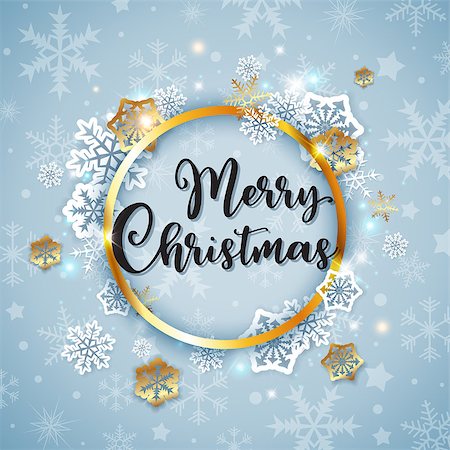 simsearch:400-08807089,k - Vector Christmas banner with white paper snowflakes and golden frame on a blue background. Merry Christmas lettering. Stockbilder - Microstock & Abonnement, Bildnummer: 400-09052432