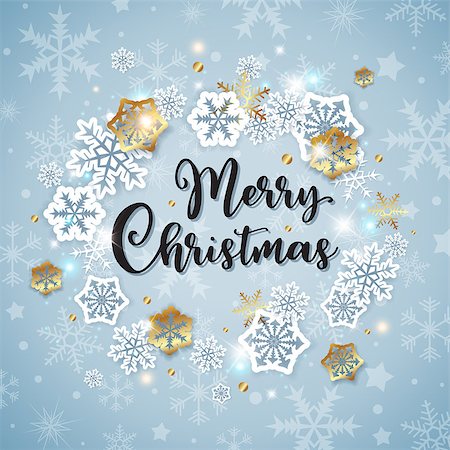 simsearch:400-08807089,k - Vector Christmas banner with white and golden paper snowflakes on a blue background. Merry Christmas lettering. Stockbilder - Microstock & Abonnement, Bildnummer: 400-09052433