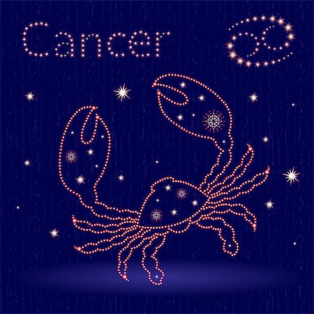 simsearch:400-09052492,k - Zodiac sign Cancer on the starry sky, hand drawn vector illustration with stylized stars over blue background Stock Photo - Budget Royalty-Free & Subscription, Code: 400-09052481