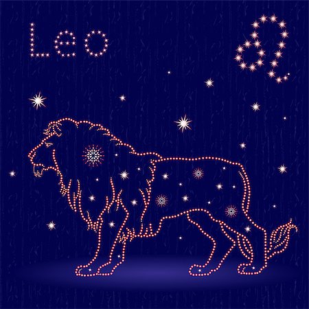simsearch:400-09052492,k - Zodiac sign Leo on the starry sky, hand drawn vector illustration with stylized stars over blue background Stock Photo - Budget Royalty-Free & Subscription, Code: 400-09052490