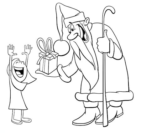 simsearch:400-05683592,k - Black and White Cartoon Illustration of Santa Claus Christmas Character with Happy Little Girl Coloring Book Stock Photo - Budget Royalty-Free & Subscription, Code: 400-09052560