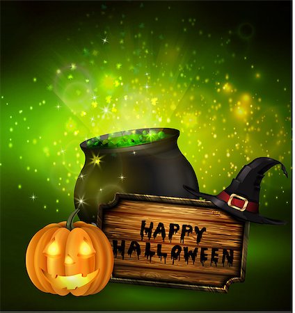 simsearch:400-07774937,k - Scary Jack O Lantern halloween pumpkin with candle light inside wooden sign and witch hat and witch cauldron on fantastic background vector Foto de stock - Super Valor sin royalties y Suscripción, Código: 400-09052599