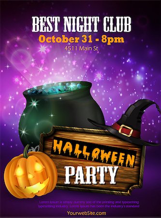 simsearch:400-09052600,k - Halloween party flyer with pumpkins, hat, pot and wooden board vector Stock Photo - Budget Royalty-Free & Subscription, Code: 400-09052600