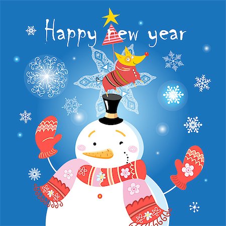 dog christmas light - Festive Christmas card with a snowman and a dog on a blue background with snowflakes Stock Photo - Budget Royalty-Free & Subscription, Code: 400-09052688