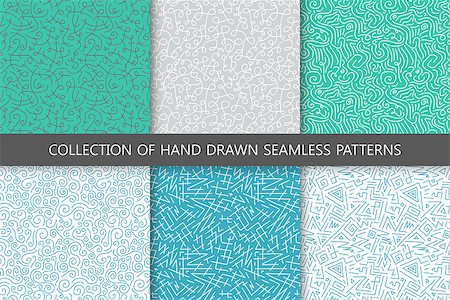 Collection of hand drawn seamless patterns. Colorful curly scribble textures. Fotografie stock - Microstock e Abbonamento, Codice: 400-09052715