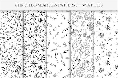 simsearch:400-05752762,k - Collection of hand drawn seamless. Christmas patterns - swatches. Doodle style. Foto de stock - Super Valor sin royalties y Suscripción, Código: 400-09052719