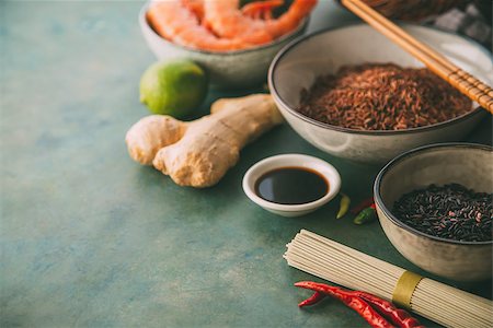 Ingredients for cooking Asian dishes rice, noodles and spices. Food background with copy space Stock Photo - Budget Royalty-Free & Subscription, Code: 400-09064052