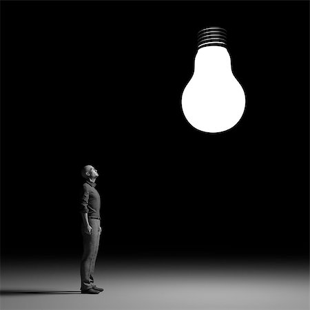 The man looks up towards a bright bulb. This is a 3d render illustration. Stock Photo - Budget Royalty-Free & Subscription, Code: 400-09064091