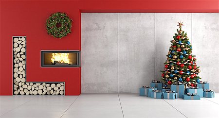simsearch:400-06797947,k - Modern living room with red fireplace , christmas tree and gif box- 3d rendering Stock Photo - Budget Royalty-Free & Subscription, Code: 400-09064128